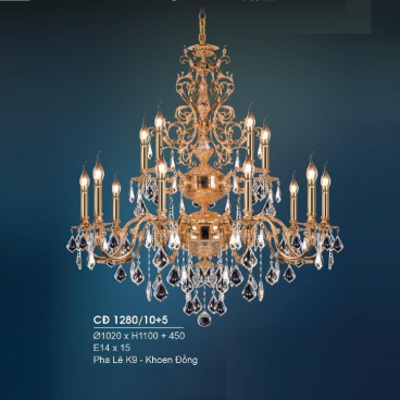 HF - CĐ 1280/10+5: Đèn chùm đồng 15 tay, lá Phale - KT: Ø1020mm x H1100mm + 450mm - Bóng đèn nến E14 x 15 bóng