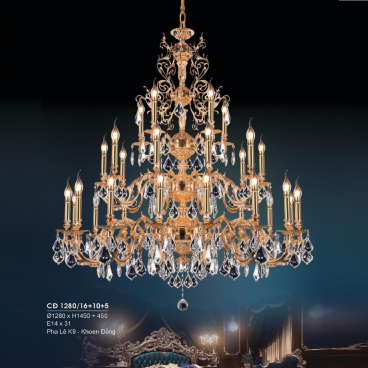 HF - CĐ 1280/16+10+5: Đèn chùm đồng 31 tay, lá Phale - KT: Ø1280mm x H1450mm + 450mm - Bóng đèn nến E14 x 31 bóng