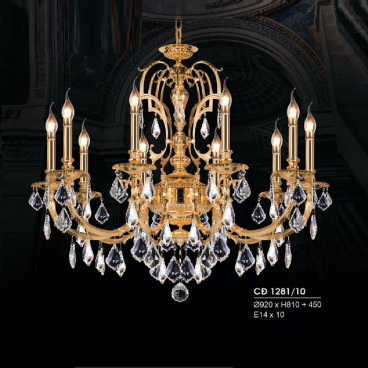 HF - CĐ 1281/10: Đèn chùm đồng 10 tay, lá Phale - KT: Ø920mm x H810mm + 450mm - Bóng đèn nến E14 x 10 bóng