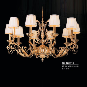 HF- CĐ 1282/10: Đèn chùm đồng 10 tay - KT: Ø1100mm x H600mm + 450mm - Bóng đèn E14 x 10 bóng