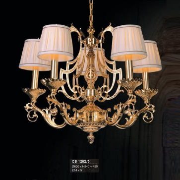 HF- CĐ 1282/5: Đèn chùm đồng 5 tay - KT: Ø620mm x H540mm + 450mm - Bóng đèn E14 x 5 bóng