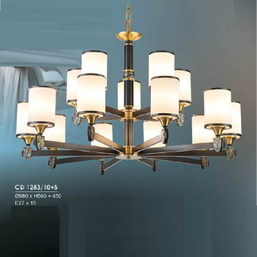 HF - CD 1283/10+5: Đèn chùm 15 tay - KT: Ø980mm x H560mm + 450mm - Bóng đèn E27 x 15