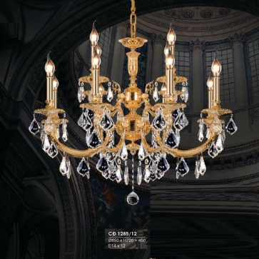 HF - CĐ 1285/12: Đèn chùm đồng 12 tay, lá Phale - KT: Ø850mm x H720mm + 450mm - Bóng đèn nến E14 x 12 bóng