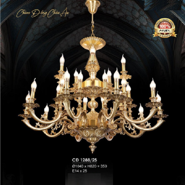 H - CĐ 1288/25: Đèn chùm đồng 25 tay - KT: Ø1040mm x H820mm + 350mm - Bóng đèn E14 x 25 bóng