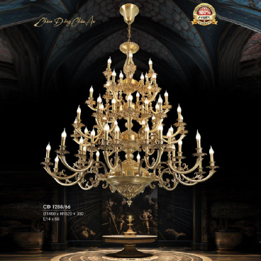 H - CĐ 1288/66: Đèn chùm đồng 66 tay - KT: Ø1450mm x H1520mm + 350mm - Bóng đèn E14 x 66 bóng