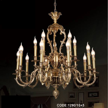 CODE: 1290/10+5:  Đèn chùm đồng 15 tay - KT: Ø 830mm x H 800mm - Bóng đèn chân E 14 x 15 bóng