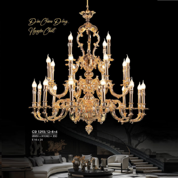 HF - CĐ 1293/12+8+4: Đèn chùm đồng 24 tay - KT: Ø980mm x H1060mm + 350mm - Bóng đèn E14 x 24