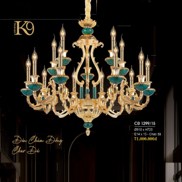 CĐ 1299/15: Đèn chùm đồng chao đá 15 tay - KT: Ø910mm x H720mm - Bóng đèn LED E14 x 15