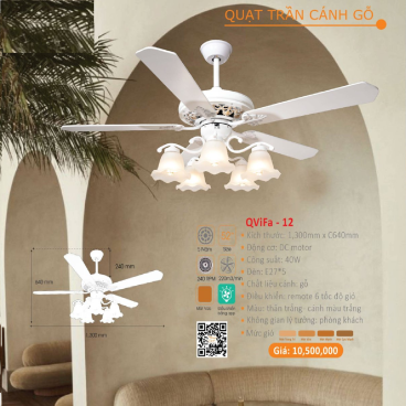 QViFa - 12: Quạt trần đèn chao thủy tinh 5 cánh gỗ