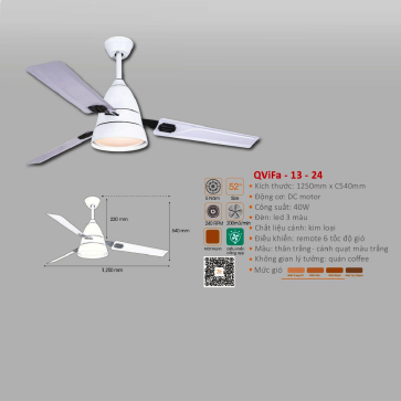 QVifa -13-24: Quạt trần  đèn LED 3 cánh kim loại