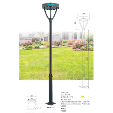 TRỤ 132: Đèn trụ sân vườn chất liệu hợp kim - Đèn LED - Cao 3000mm - Ánh sáng trắng/vàng