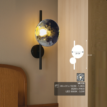 VK135: Đèn tường LED - KT: Ø200mm x H400mm - Đèn LED 3.5W ánh sáng vàng 3500K