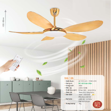 NQ 135: Quạt trần đèn LED 5 cánh - KT: Ø1320mm x H300mm + 400mm  - Đèn LED