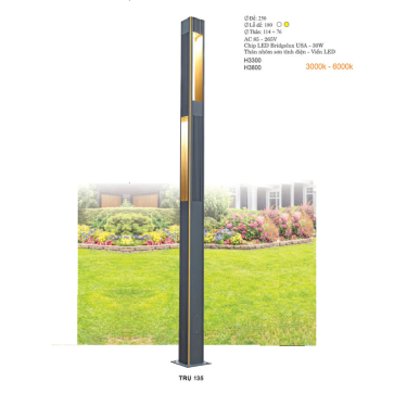 TRỤ 135: Đèn trụ sân vườn chất liệu hợp kim - Đèn LED  -  Ánh sáng trắng/vàng