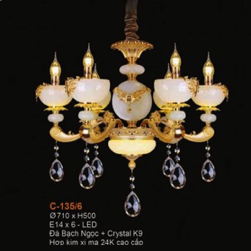 E - C - 135/6: Đèn chùm 6 tay chao đá - KT: Ø710mm x H500mm - Bóng đèn E14 x 6 bóng + Đèn LED