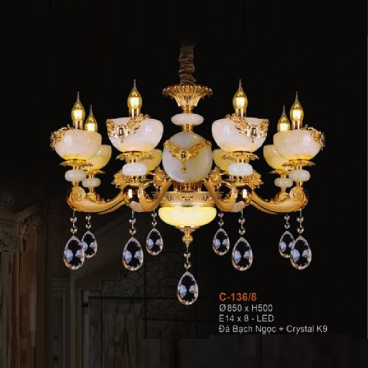 E - C - 136/8: Đèn chùm 8 tay chao đá - KT: Ø850mm x H500mm - Bóng đèn E14 x 8 bóng + Đèn LED