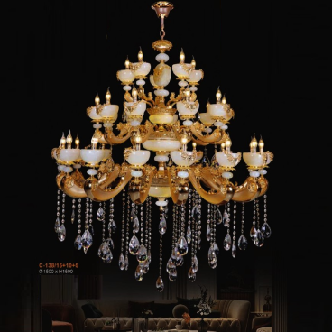 E - C - 138/15+10+5: Đèn chùm nến 30 tay chao đá - KT: Ø1500mm x H1500mm - Bóng đèn E14 x 30 bóng + Đèn LED