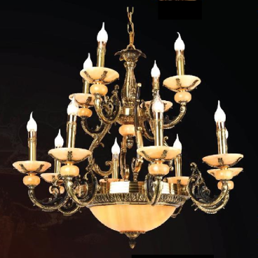 VER - CĐ 1380/12: Chùm đồng 12 tay, chao đá - KT: Ø1100mm x H720mm - Bóng đèn chân E14 x 15 bóng