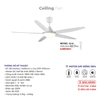 MODEL - Q.14: Quạt trần đèn 5 cánh nhựa ABS