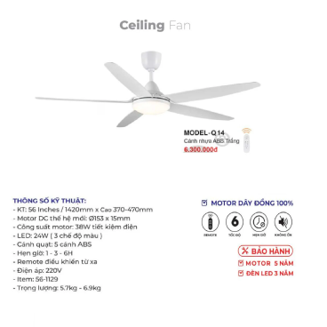 MODEL - Q.14: Quạt trần đèn 5 cánh nhựa ABS