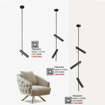 TTK143T1: Đèn thả cây LED 1 bóng - KT: Ø250mm x H1410mm - Đèn LED ánh sáng vàng 3000K