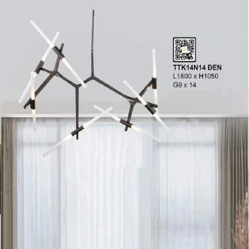 TTK14N14 Đen: Đèn chùm thanh ống thủy tinh 14 bóng - KT: L1800mm x H1050mm - Bóng đèn LED G9 x 14 bóng