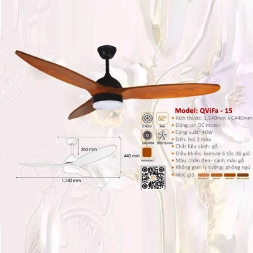 QViFa - 15: Quạt trần đèn LED 3 cánh gỗ