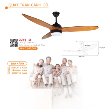 Qvifa -15: Quạt trần đèn 3 cánh gỗ