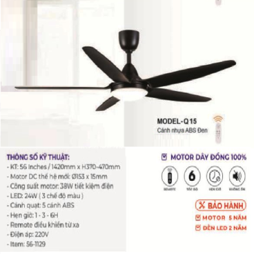 MODEL - Q15: Quạt trần đèn LED 5 cánh nhựa ABS màu Đen