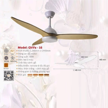 QViFa - 16: Quạt trần đèn LED 3 cánh gỗ