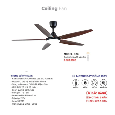 MODEL - Q.16: Quạt trần đèn 5 cánh nhựa ABS