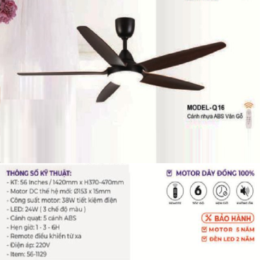 MODEL - Q16: Quạt trần đèn LED 5 cánh nhựa ABS màu Vân gỗ