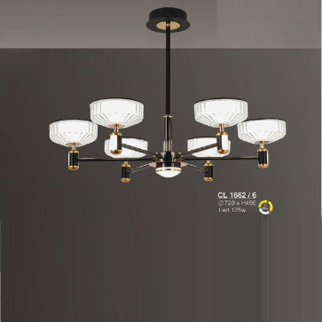 S - CL 1662/6: Đèn chùm  LED 6 Tay - KT: Ø720mm x H450mm - Đèn LED 125W ánh sáng đổi 3 màu