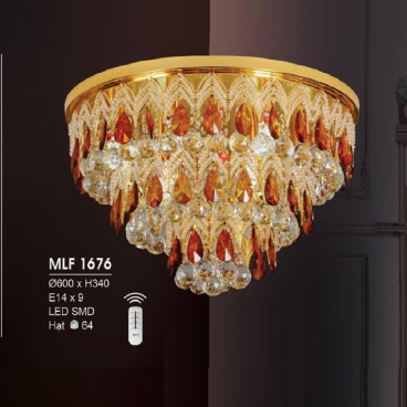 H -  MLF 1676 : Áp trần Phale, đính đá đỏ - KT:  Ø600mm x H340mm - Đèn LED  + Đèn E14x 9 bóng - Remote