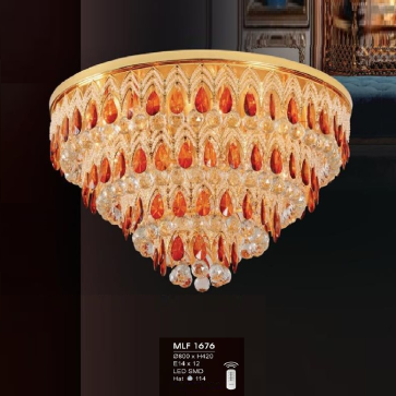 H - MLF 1676 : Áp trần Phale, đính hạt đá đỏ - KT: Ø800mm x H450mm - Đèn LED + Đèn E14 x 12 bóng - Remote
