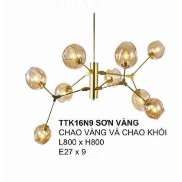TTK16N9 VÀNG: Đèn chùm thân sơn vàng, chao đèn thủy tinh màu vàng / màu khói - KT: L800mm x H800mm - Bóng đèn E27 x 9 bóng
