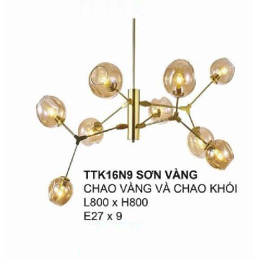 TTK16N9 VÀNG: Đèn chùm thân sơn vàng, chao đèn thủy tinh màu vàng / màu khói - KT: L800mm x H800mm - Bóng đèn E27 x 9 bóng