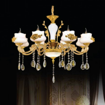 CNQT - 172/8 tay: Đèn chùm nến 8 tay, chao thủy tinh khảm hoa văn - KT: Ø700mm x H900mm - Bóng đèn nến E14 x 8 bóng