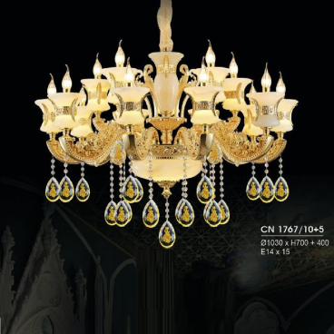 HF - CN 1767/10+5: Đèn chùm nến 15 tay - KT: Ø1030mm x H700mm + 400mm - Bóng đèn E14 x 15 bóng