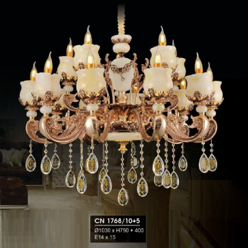 HF - CN 1768/10+5: Đèn chùm 15 tay, chao đá - KT: Ø1030mm x H750mm +400mm - Bóng đèn E14 x 15 bóng + Đèn LED chao đáy