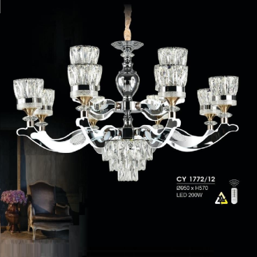 HF - CY 1172/12: Đèn chùm LED 12 tay - KT: Ø950mm x H570mm - Đèn LED 200W đổi 3 màu - Remote