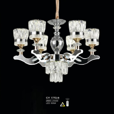 HF - CY 1772/6:  Đèn chùm LED  6 tay -  KT: Ø660mm x H430mm - Đèn LED 100W đổi 3 màu - Remote
