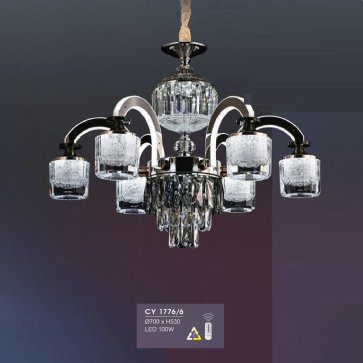 HF - CY 1776/6: Đèn chùm LED  6 tay -  KT: Ø700mm x H530mm - Đèn LED 100W đổi 3 màu - Remote