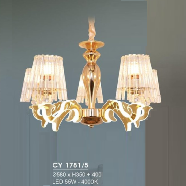 HF - CY 1781/5 : Đèn chùm LED 5 tay -  KT: Ø580mm x H350mm + 400mm - Đèn LED 55W ánh sáng vàng 4000K