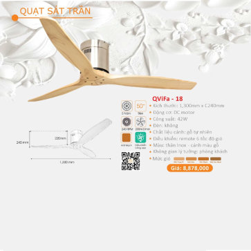 QViFa - 18:  Quạt trần gắn sát trần 3 cánh gỗ