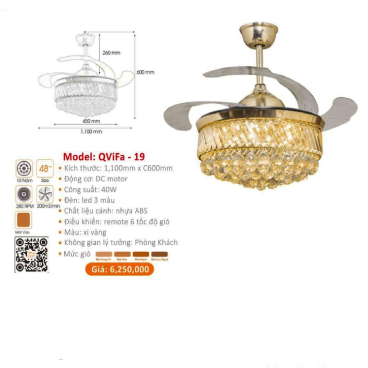 QViFa  - 19: Quạt trần đèn LED Phale cánh nhựa xếp