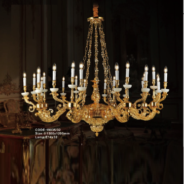 CODE: 19035/32: Đèn chùm đồng nến 32 tay - KT: Ø1500mm x H1200mm - Bóng đèn nến E14 x 32 bóng