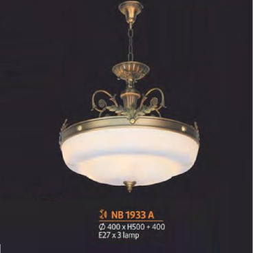 NB 1933A: Đèn thả đồng chao thủy tinh - KT: Ø400mm x H500mm +400mm - Bóng đèn E27 x 3 bóng