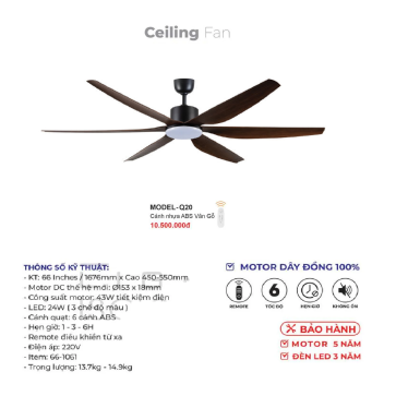 MODEL - Q.20: Quạt trần đèn 6 cánh nhựa ABS