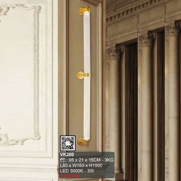 VK200: Đèn gắn tường LED chao ống thủy tinh - KT: L80mm x W160mm x H1500mm - Đèn LED 3W ánh sáng vàng
